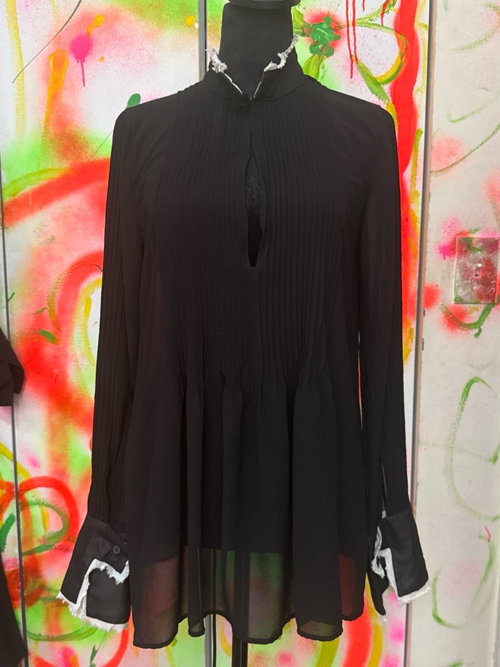 H&M STUDIO Black Long-Sleeve Pintuck Peplum Blouse with Keyhole Neck